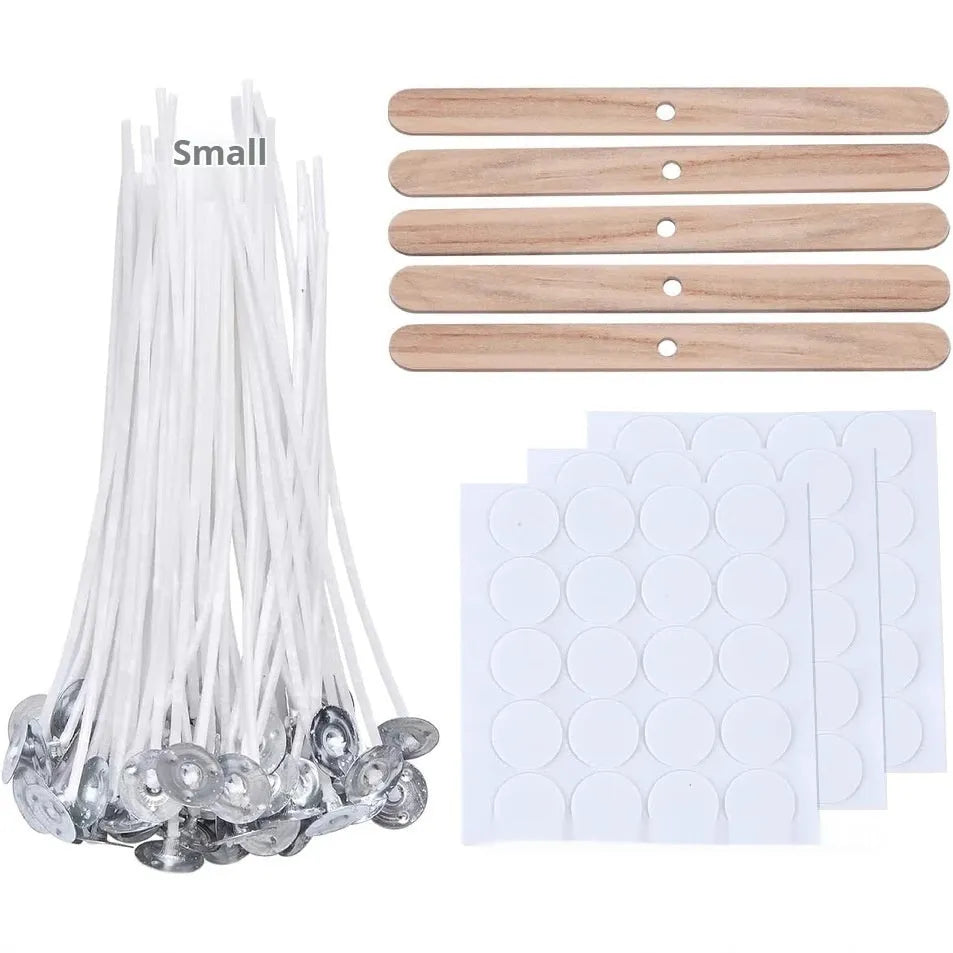 White cotton candle wicks showing three length options: 2.6cm, 6cm, and 8cm for DIY candle making