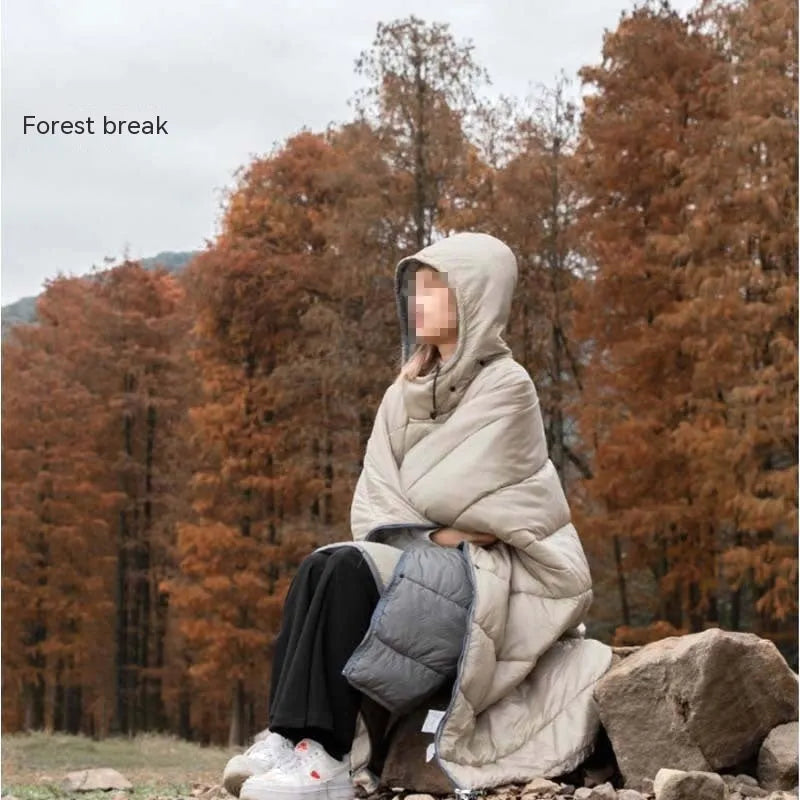 Grey adult outdoor cloak sleeping bag convertible to wearable camping cape with nylon fabric
