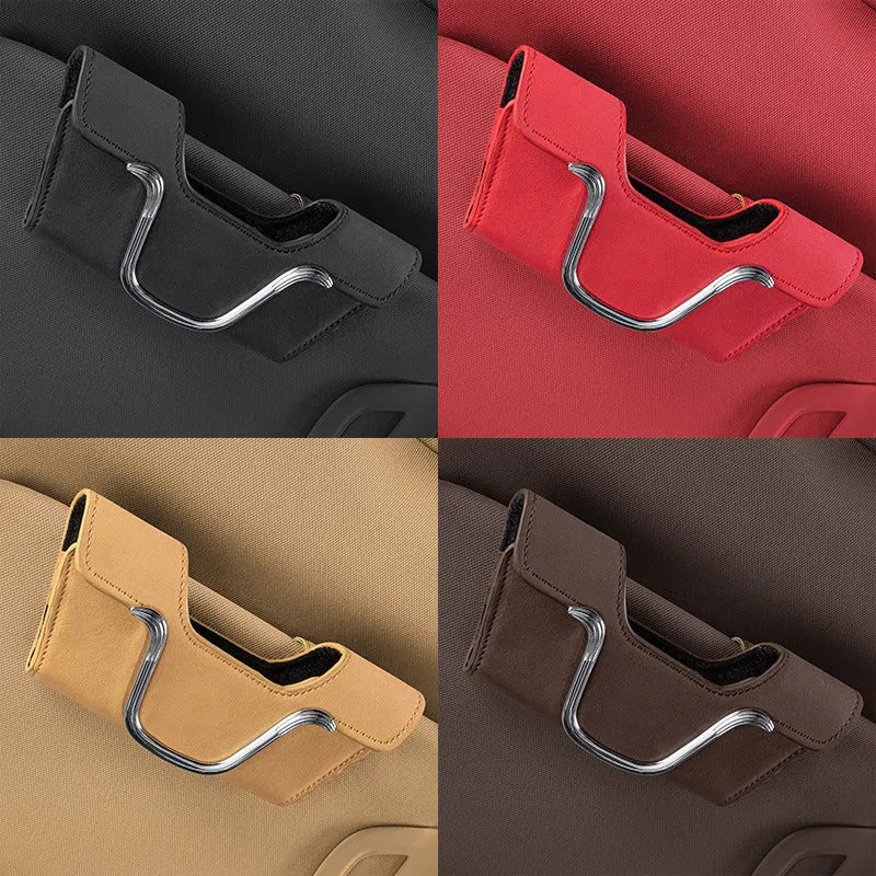 Car glasses case sun visor storage box in canvas measuring 8cm x 17.5cm, available in beige, black, brown, and red