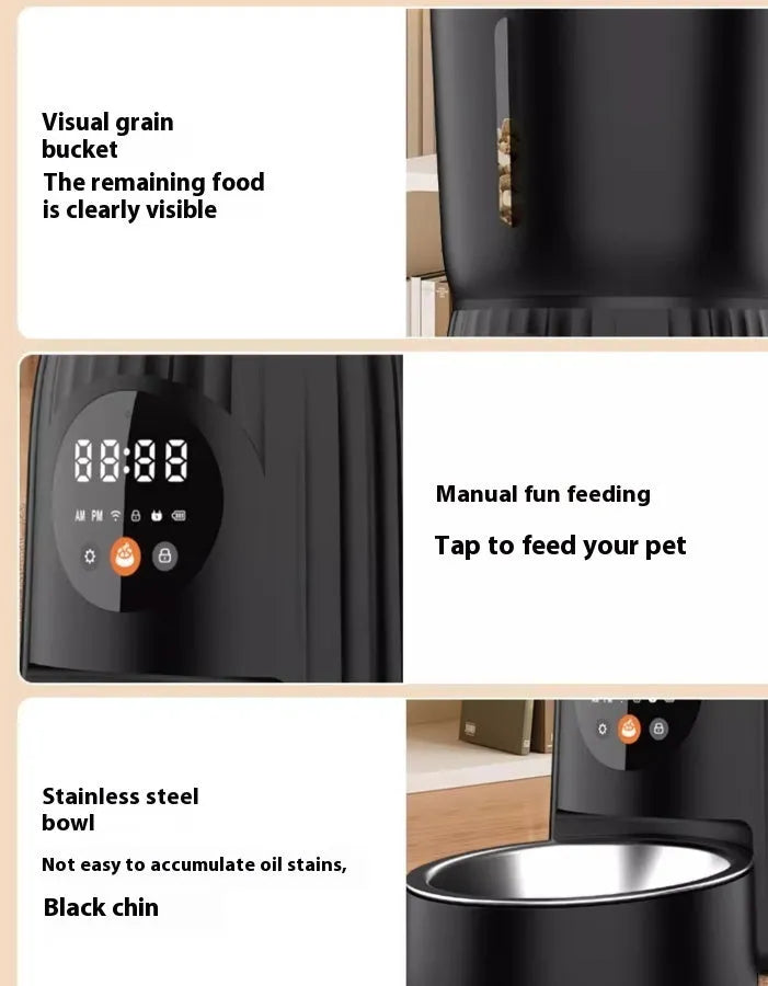 Black and white intelligent pet feeder with automatic timing and quantitative remote control via smartphone app
