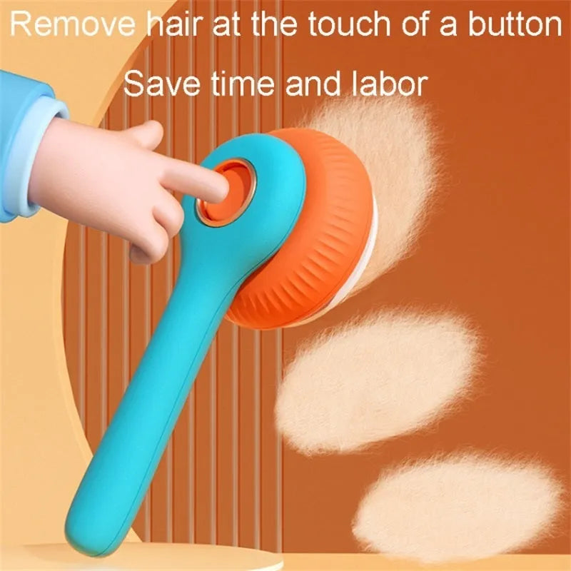 Blue and white self-cleaning pet grooming brush with retractable bristles for cats and dogs.