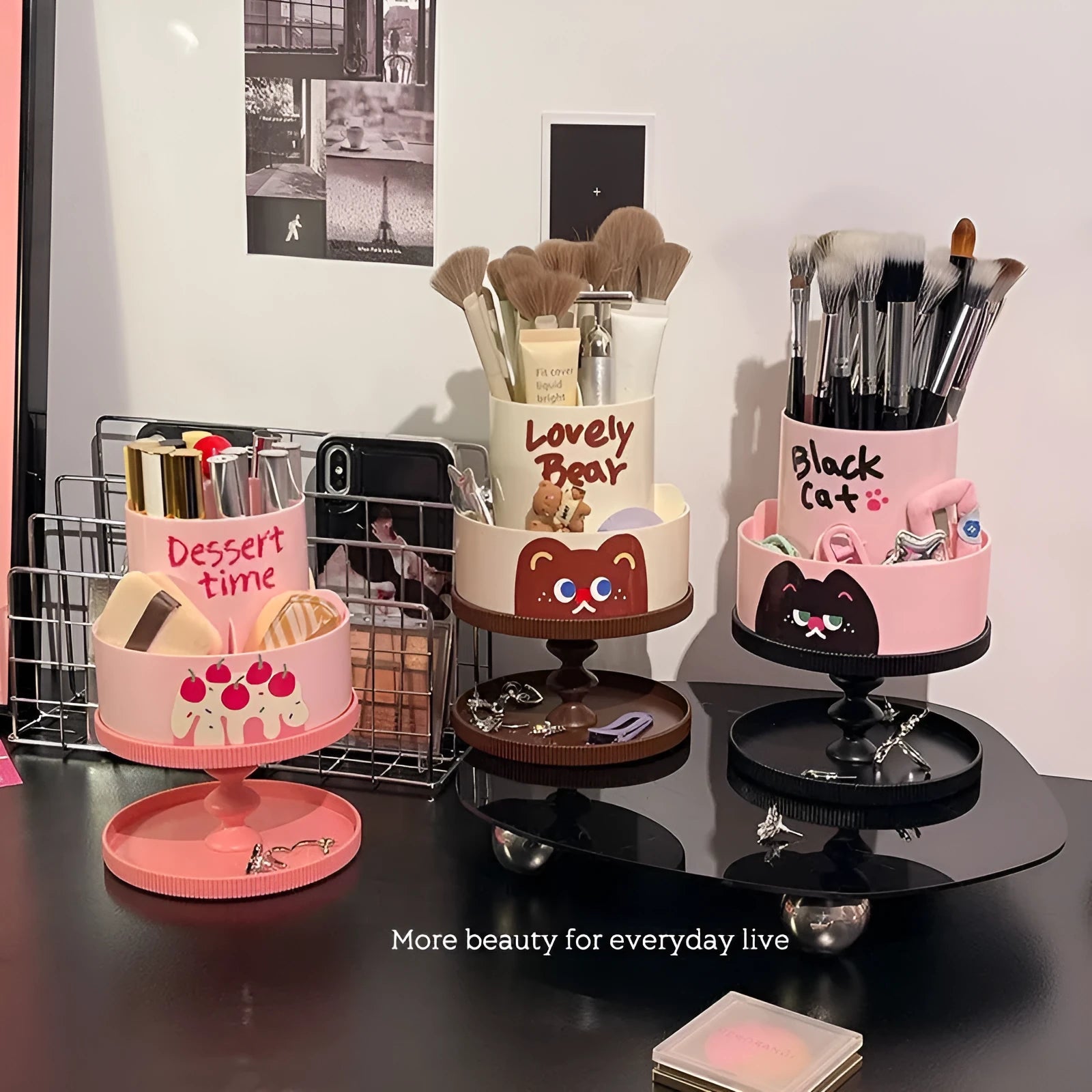 Japanese style rotating cosmetic brush storage barrel in beige colour with removable internal rack