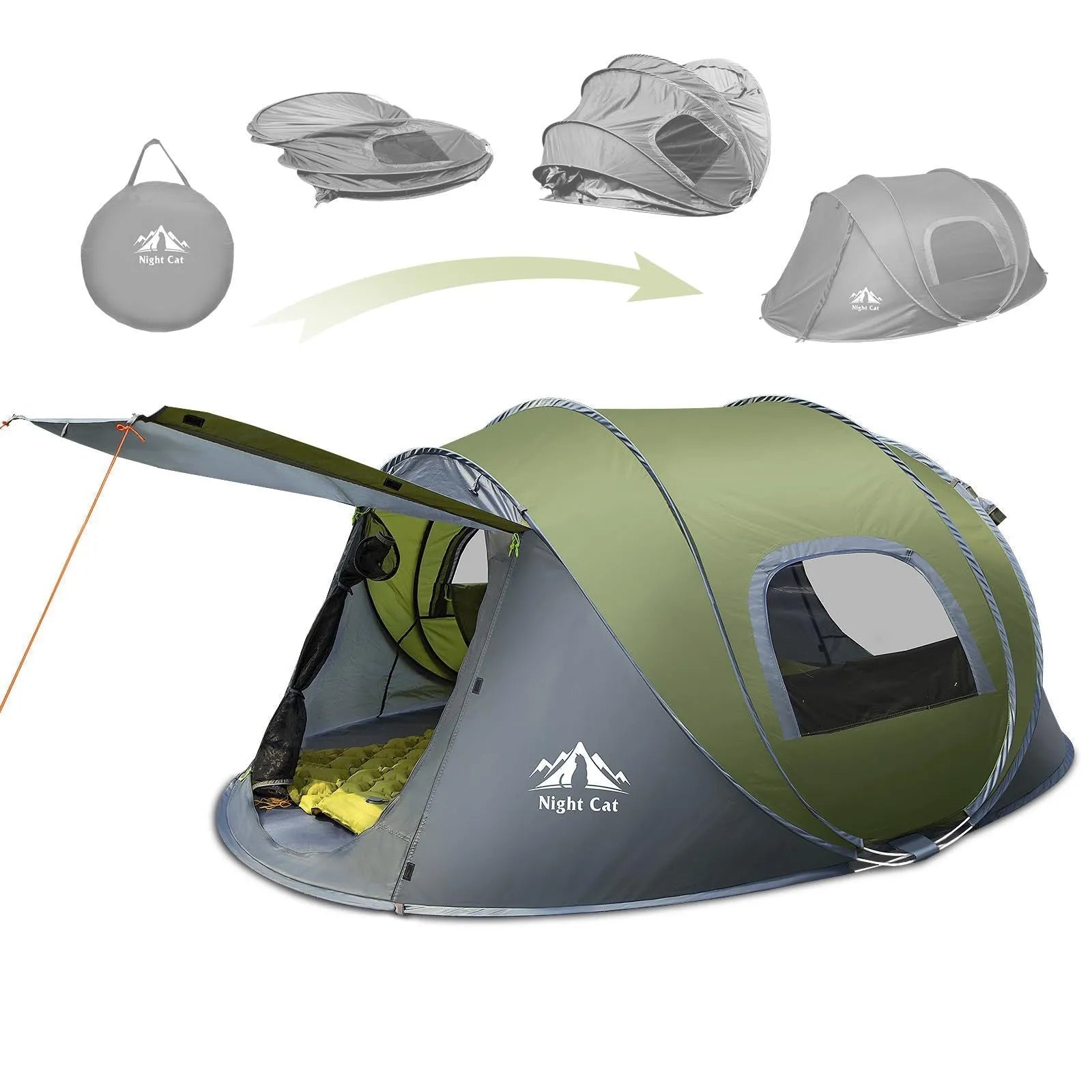 Dark green automatic instant pop-up camping tent for two people with dimensions 2.9m long x 2m wide