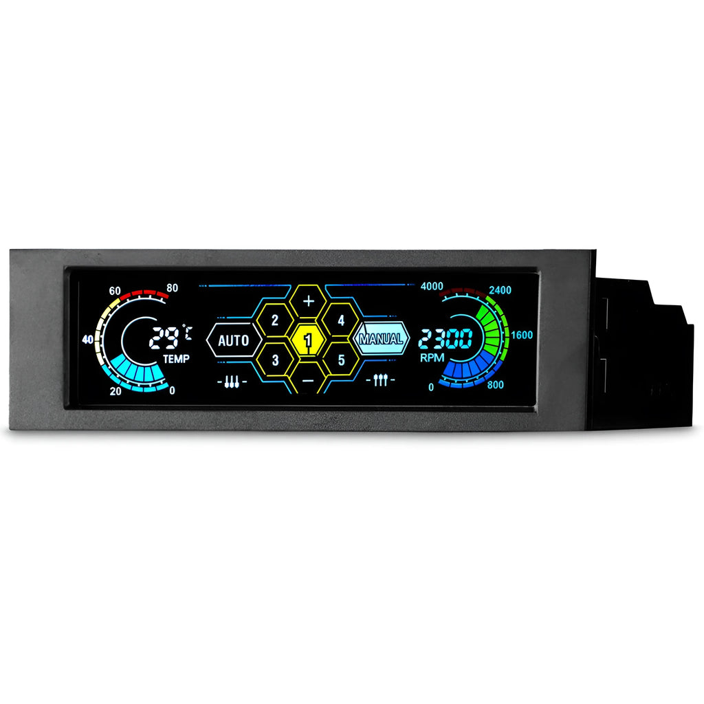 Black computer case temperature controller with 5.8-inch touch screen display for optical drive bay installation