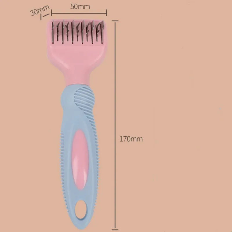 Pink stainless steel dog comb with integrated knot cutting blade for pet grooming