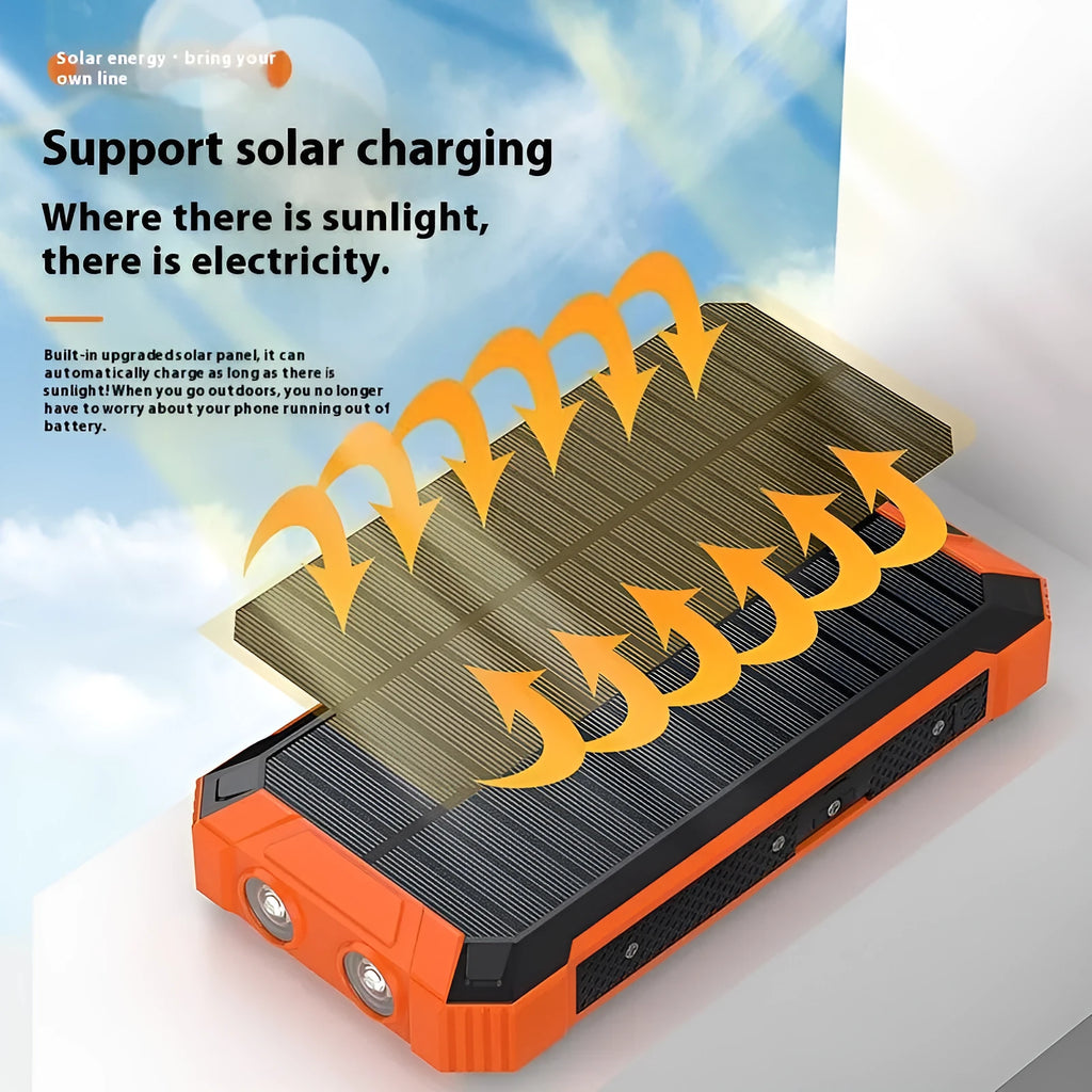 Outdoor solar power bank 20000mAh portable charger in industrial style with plastic shell in red colour
