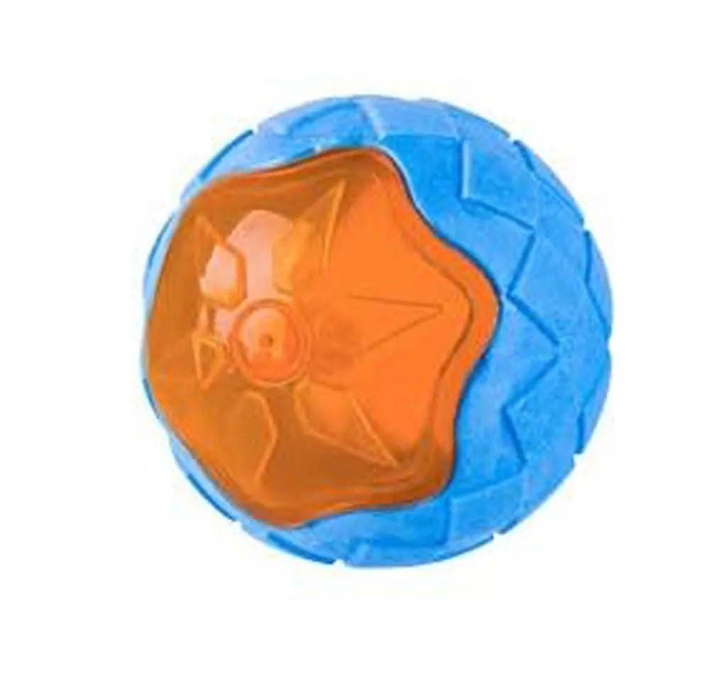 Three floating TPR dog toys: a squeaky ball, barbell, and tyres for water and land play.