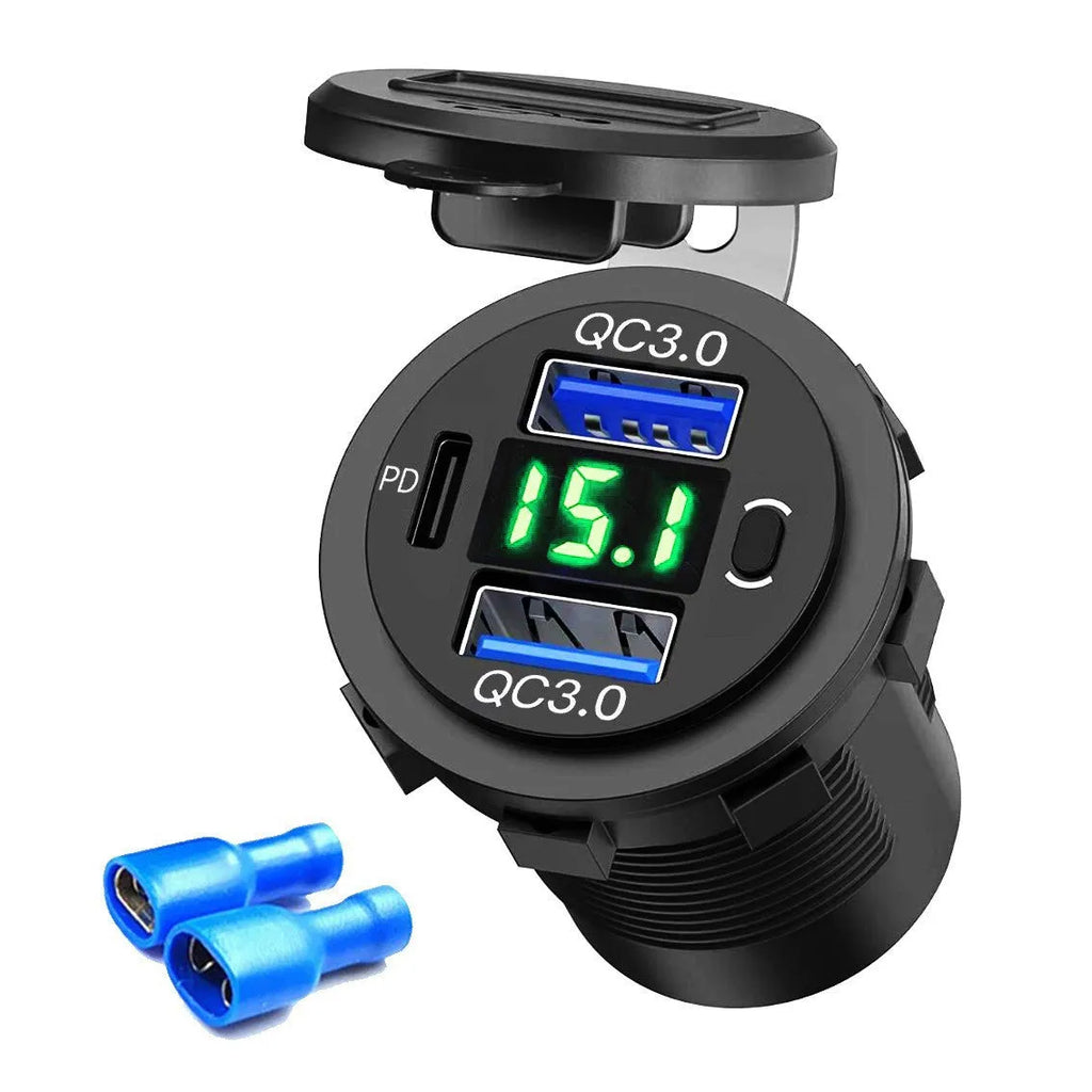 Blue modified dual QC car phone charger PD30 with digital display and attached wire