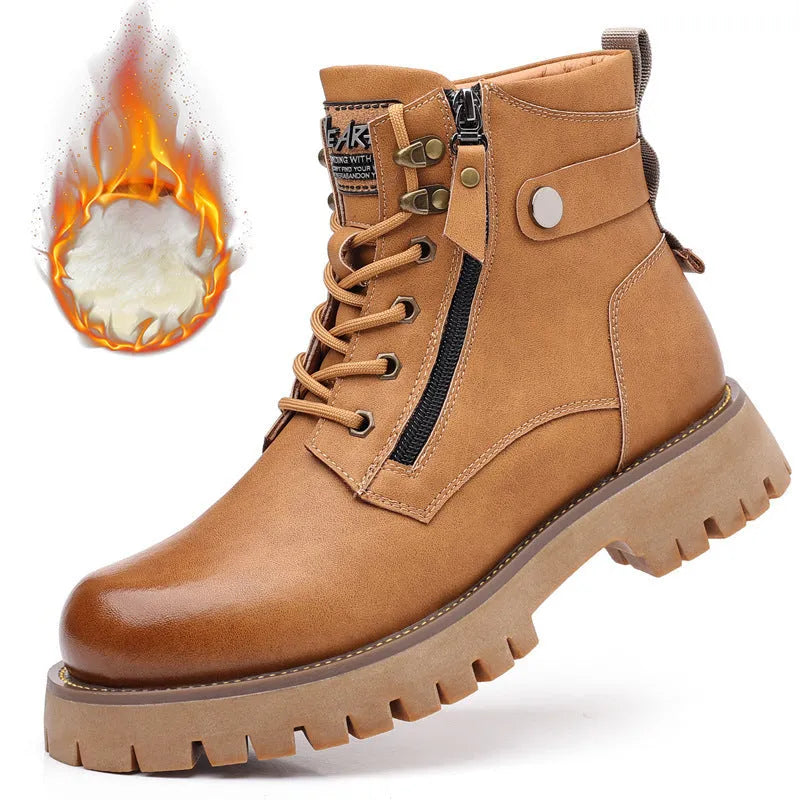 Men's brown leather high-top boots with side zipper and round toe design