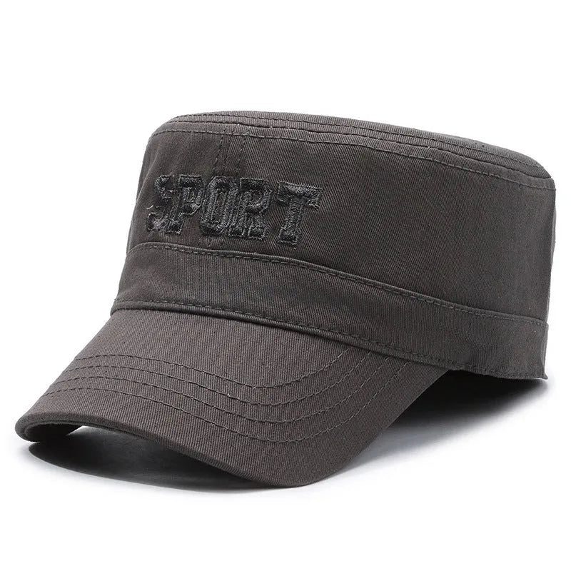 Men's flat-top peaked cap in cotton, shown in army green colour with an adjustable strap.