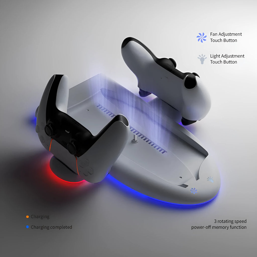 White PS5 Slim multi-function cooler pad with RGB lighting, charging station, and cooling fan