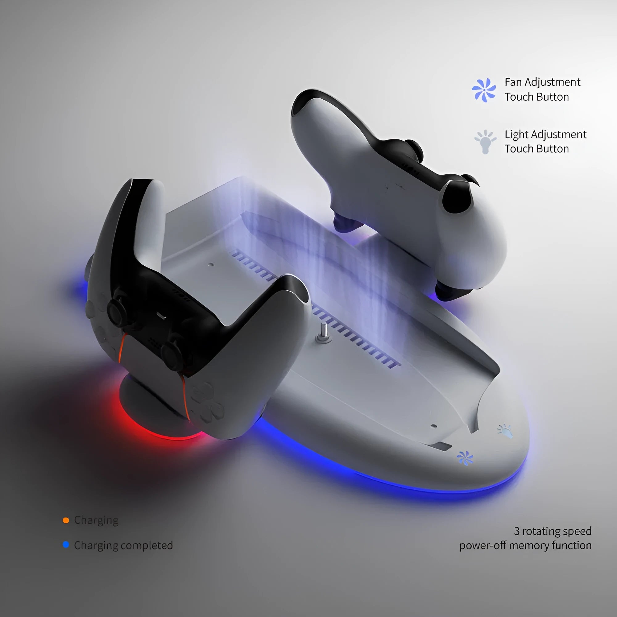 White PS5 Slim multi-function cooler pad with RGB lighting, charging station, and cooling fan