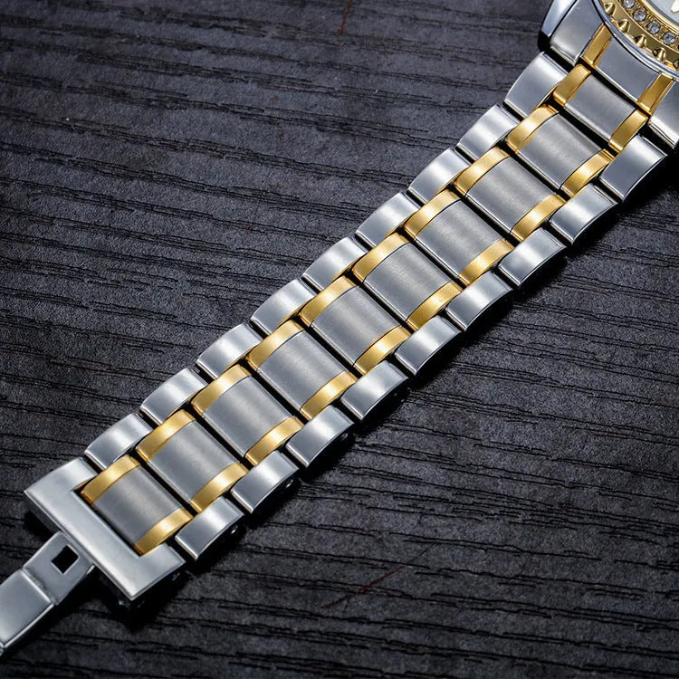 Fashionmonger gold automatic mechanical watch with luminous dial and black surface on wrist, 13mm case thickness