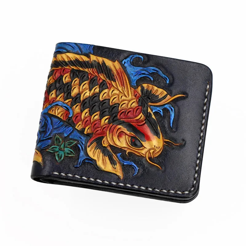 Men's red cow leather short wallet with carved details, shown open.
