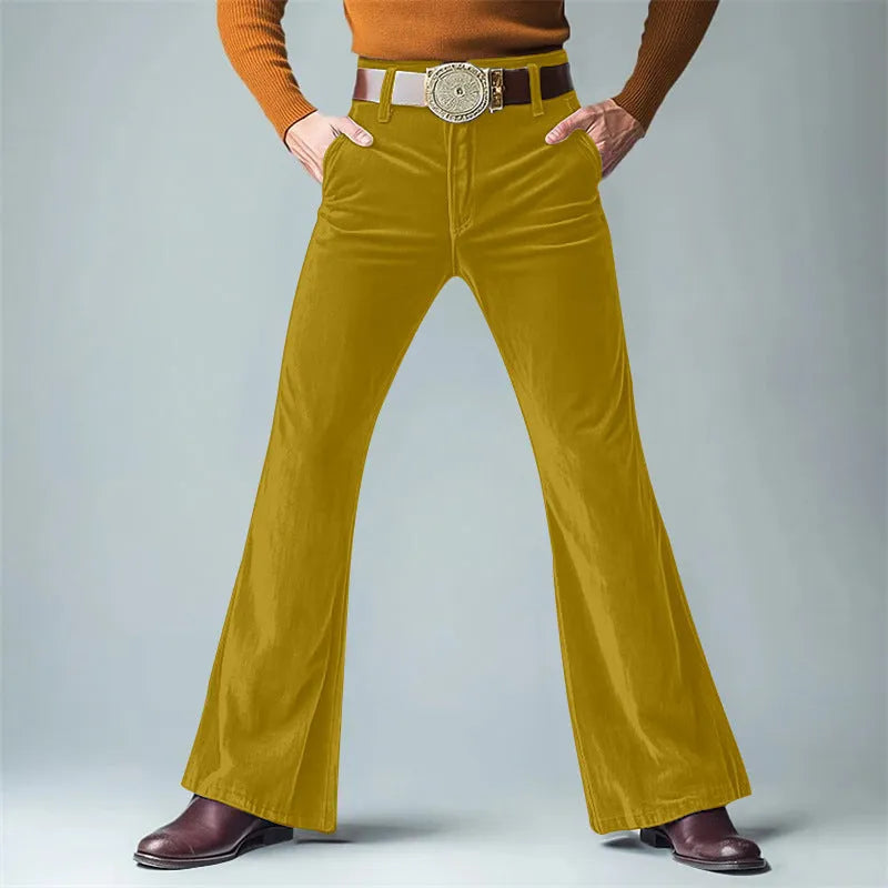 Men's gold velvet slim flared suit pants in black colour showing slight flare detail