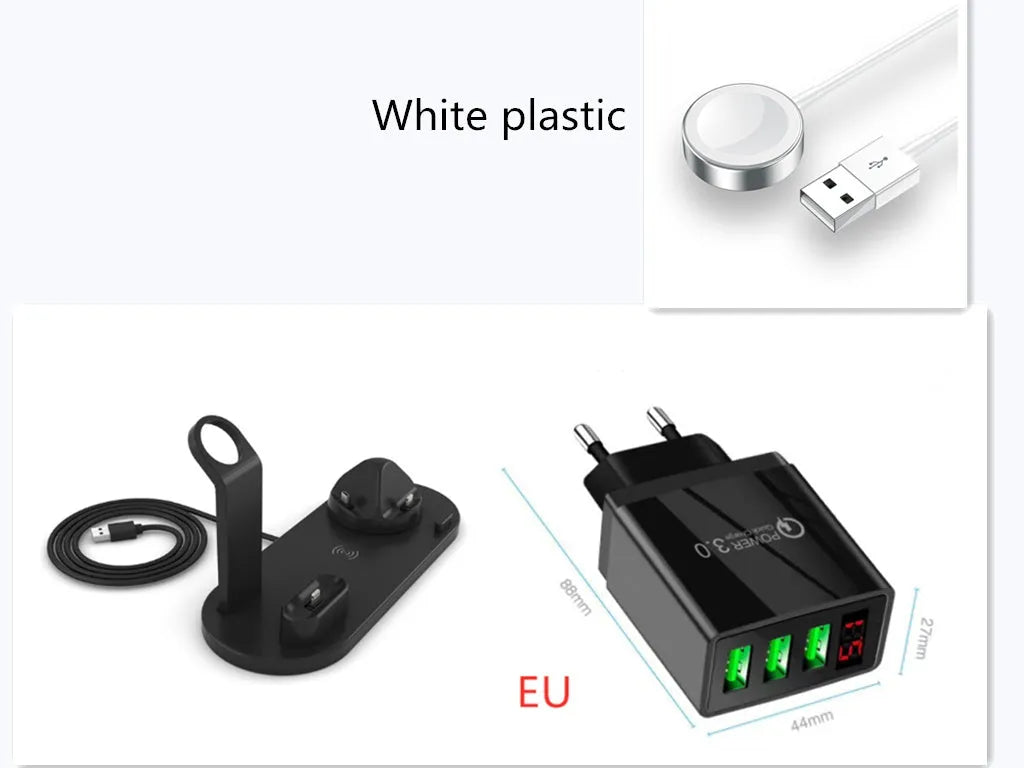 4 in 1 wireless charger stand for iPhone Samsung iWatch AirPods in black silicone material with 360 degree rotating dock