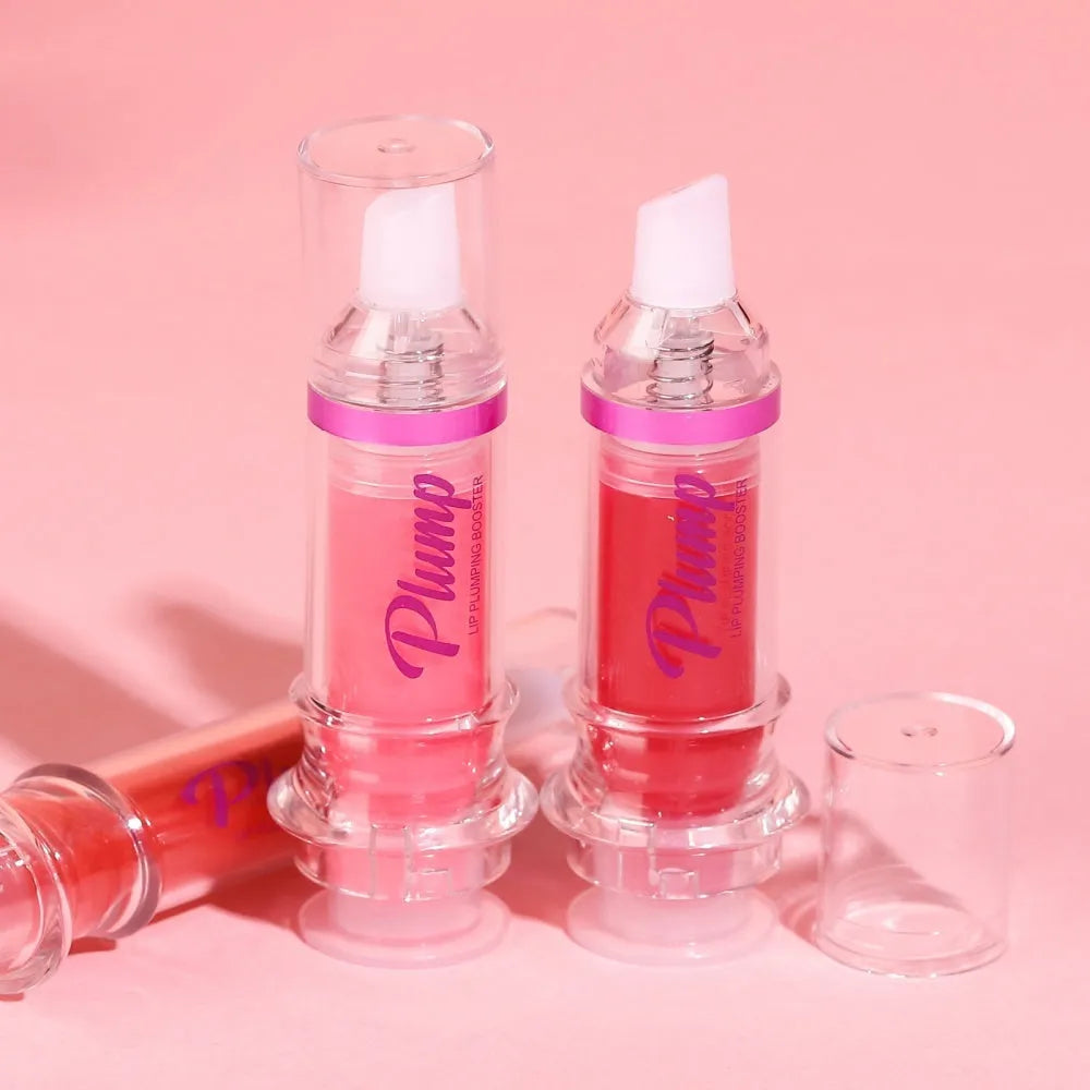 Tube of lip gloss showing shiny finish, available in six different colour shades.
