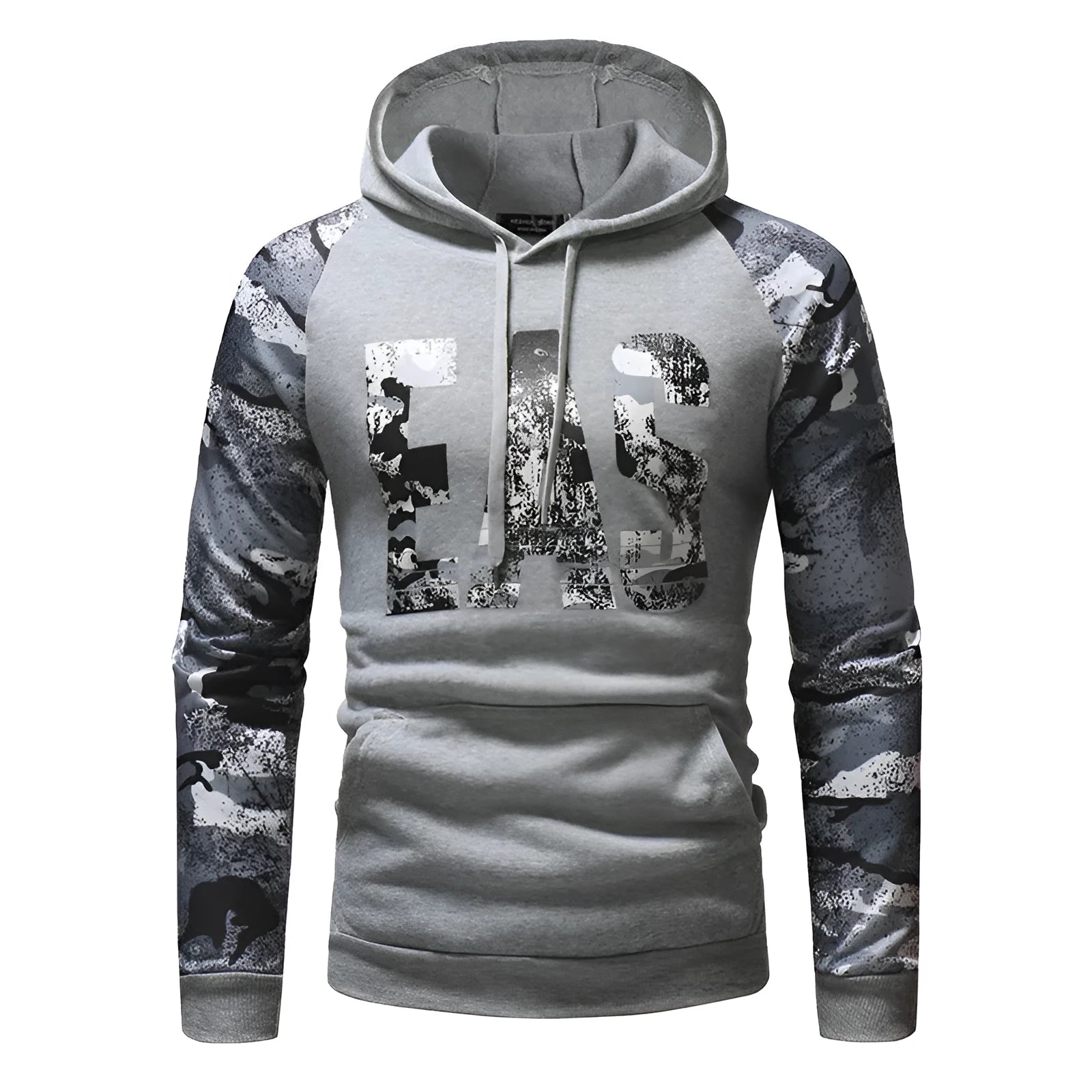 Mens long sleeve camouflage print hooded sweatshirt in polyester fibre, black colour, front view