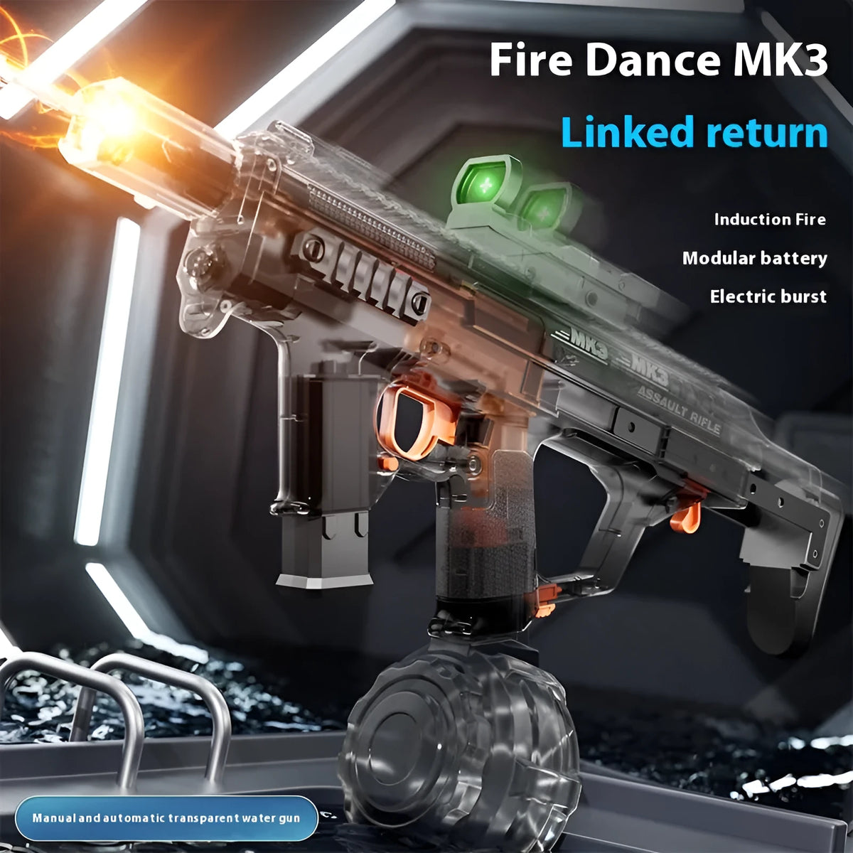 MK3 Fire and Dancing Water Gun toy in transparent black with large ammunition drum and strobe light