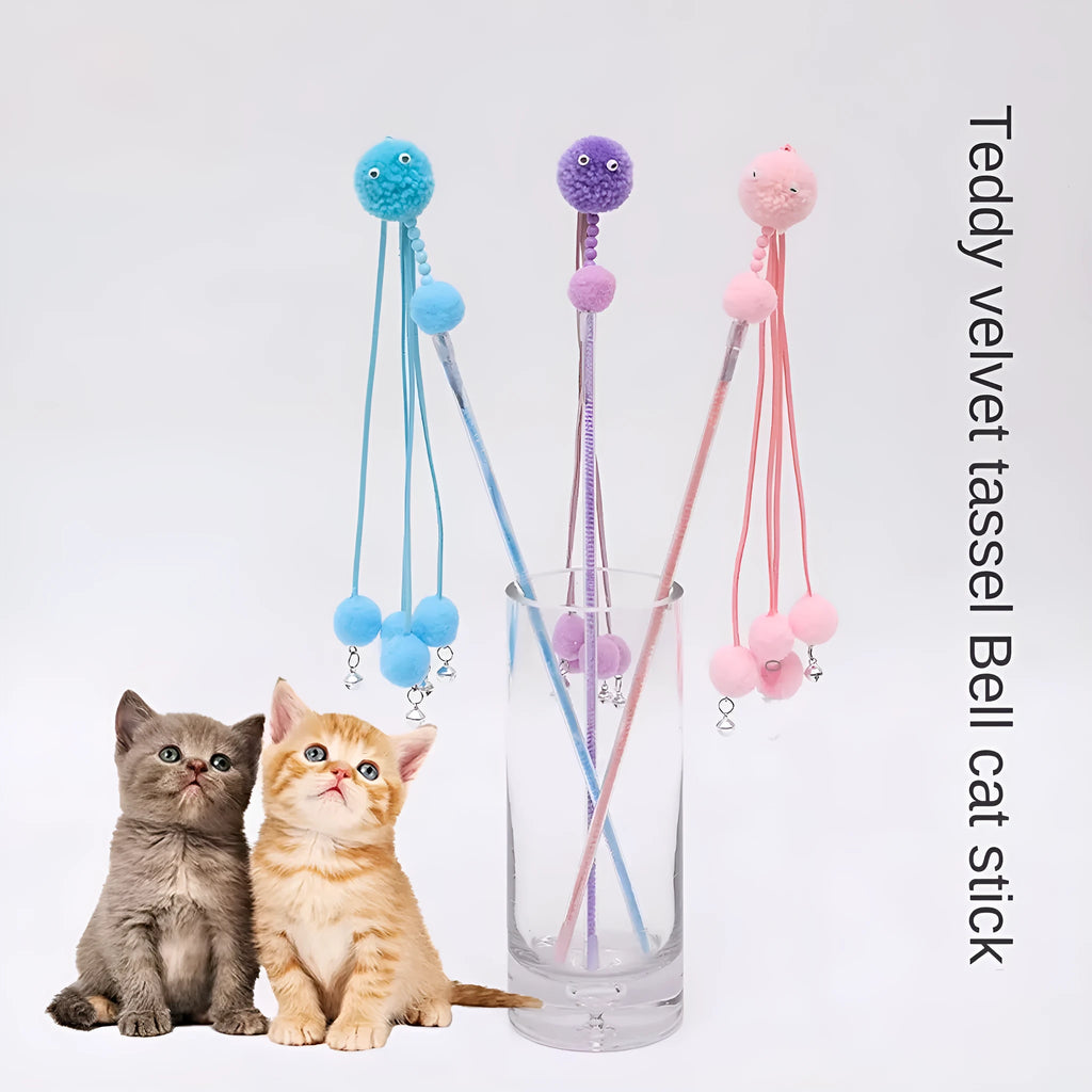 Blue cat toy stick with elastic cord and feather tassel for interactive play