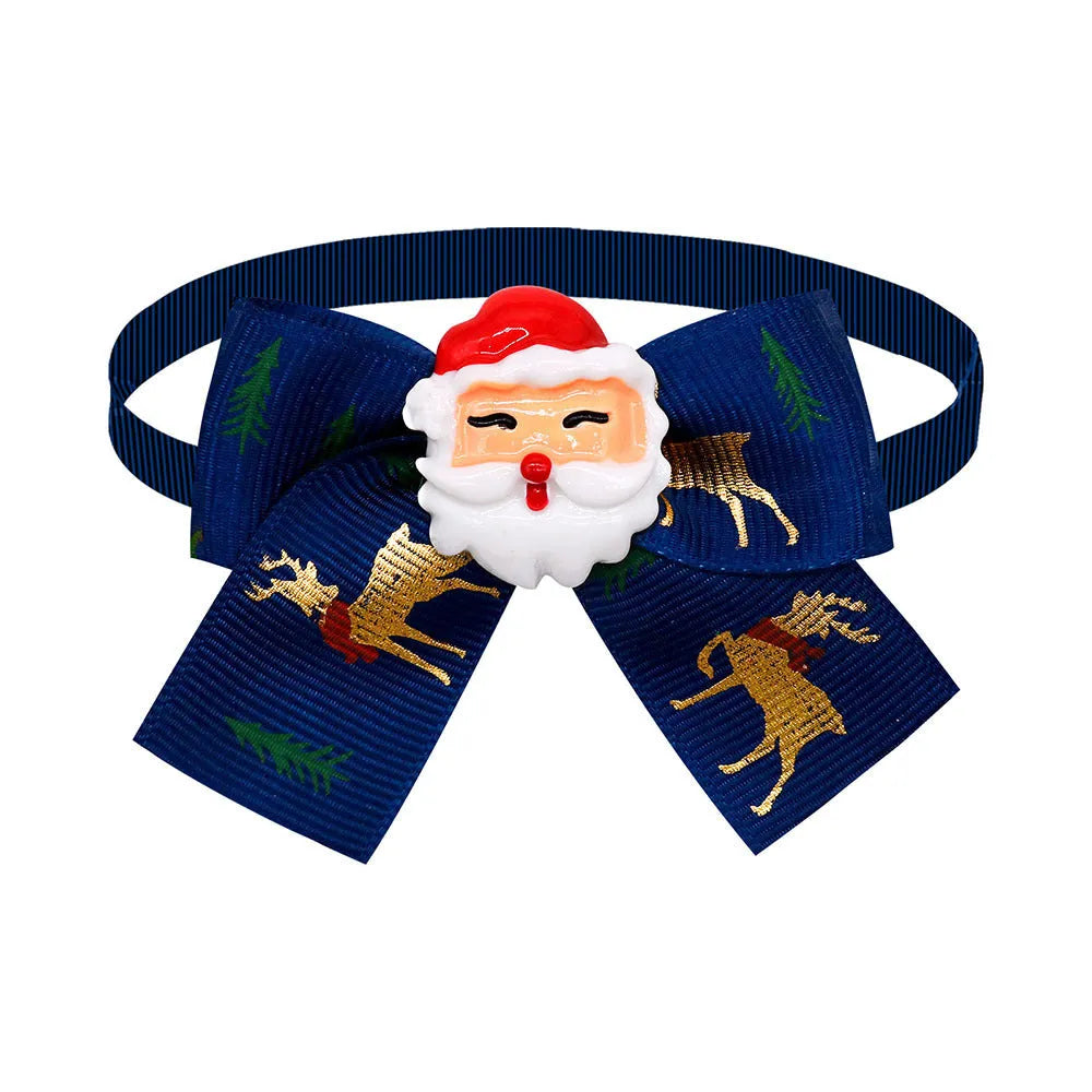 Red and green British style polyester bow tie accessory with elastic band for pet, doll or Christmas tree.