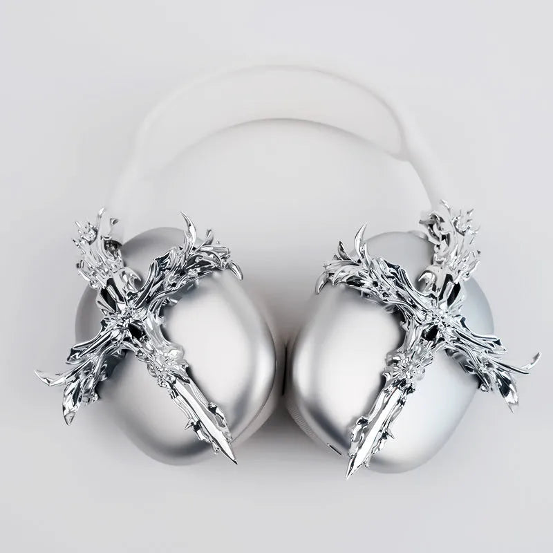 Gothic cross design hard resin covers for Apple AirPods Max headphones in silver and gun metal colours