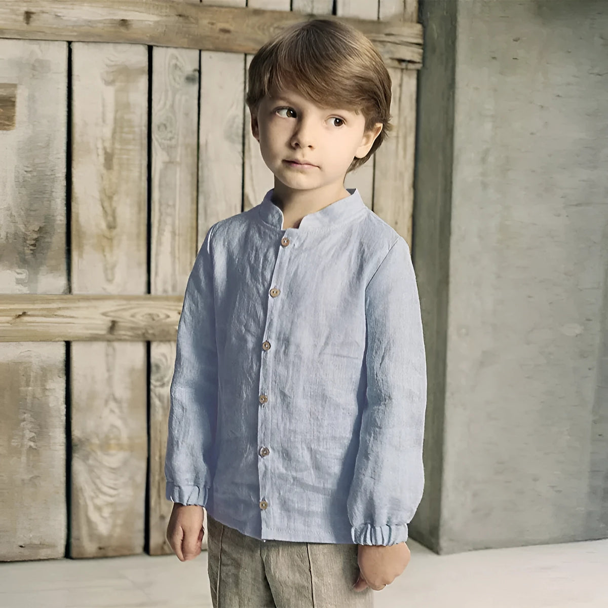 Baby long sleeve top in cotton and linen, blue and white, for 90-130cm height