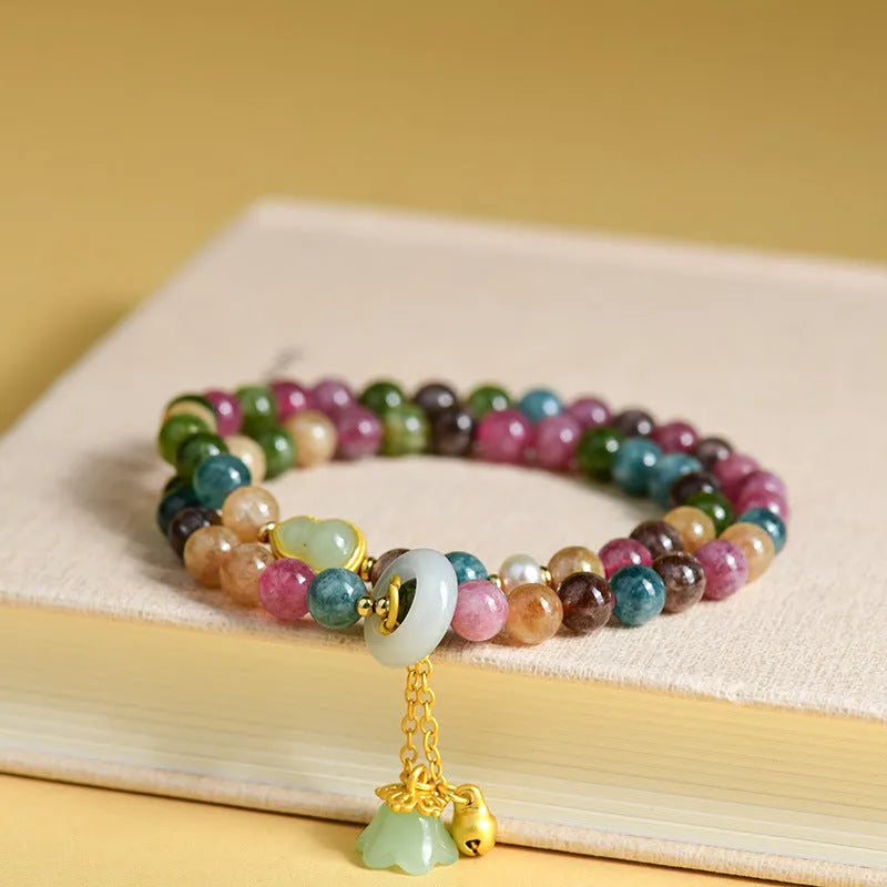 Women's double circle bracelet with natural chalcedony beads in 6.5mm diameter