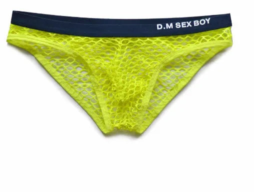 Men's low-waist mesh briefs personalised with letters, shown in black, dark grey, rose red, and fluorescent yellow.