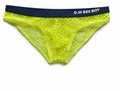 Men's low-waist mesh briefs personalised with letters, shown in black, dark grey, rose red, and fluorescent yellow.