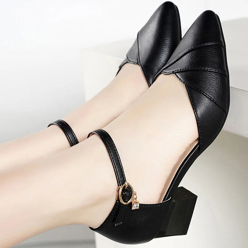 Women's apricot and black high heel sandals with square toe and buckle strap, shown in 4cm and 7cm heel heights.