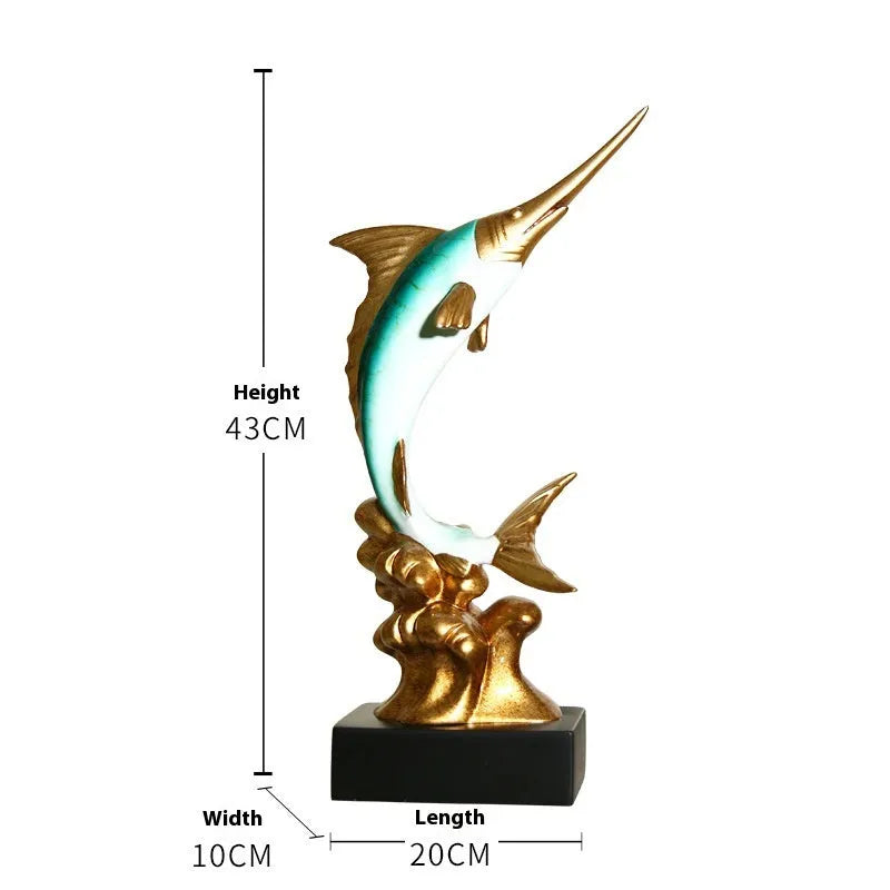 European swordfish resin and plastic decorative ornament in choice of colours on a shelf.