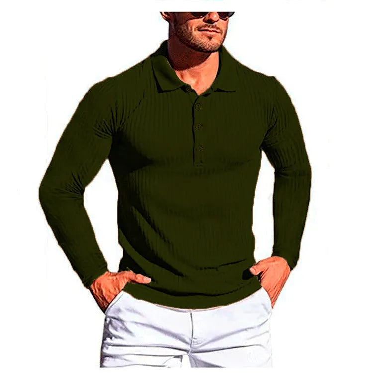 Man wearing a striped loose-fit short sleeve shirt in a high elastic knit fabric, showing the stretch and casual style.