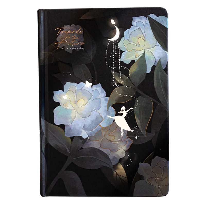 A5 notebook with luminous cover open to show colourful illustration pages, in Deep Blue, Gold, Light Blue, and Purple colour options.