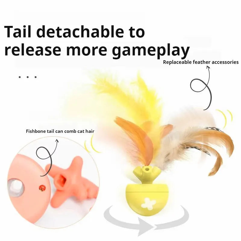 USB electric cat teasing ball toy with rolling fish bone design and feather teaser attachment