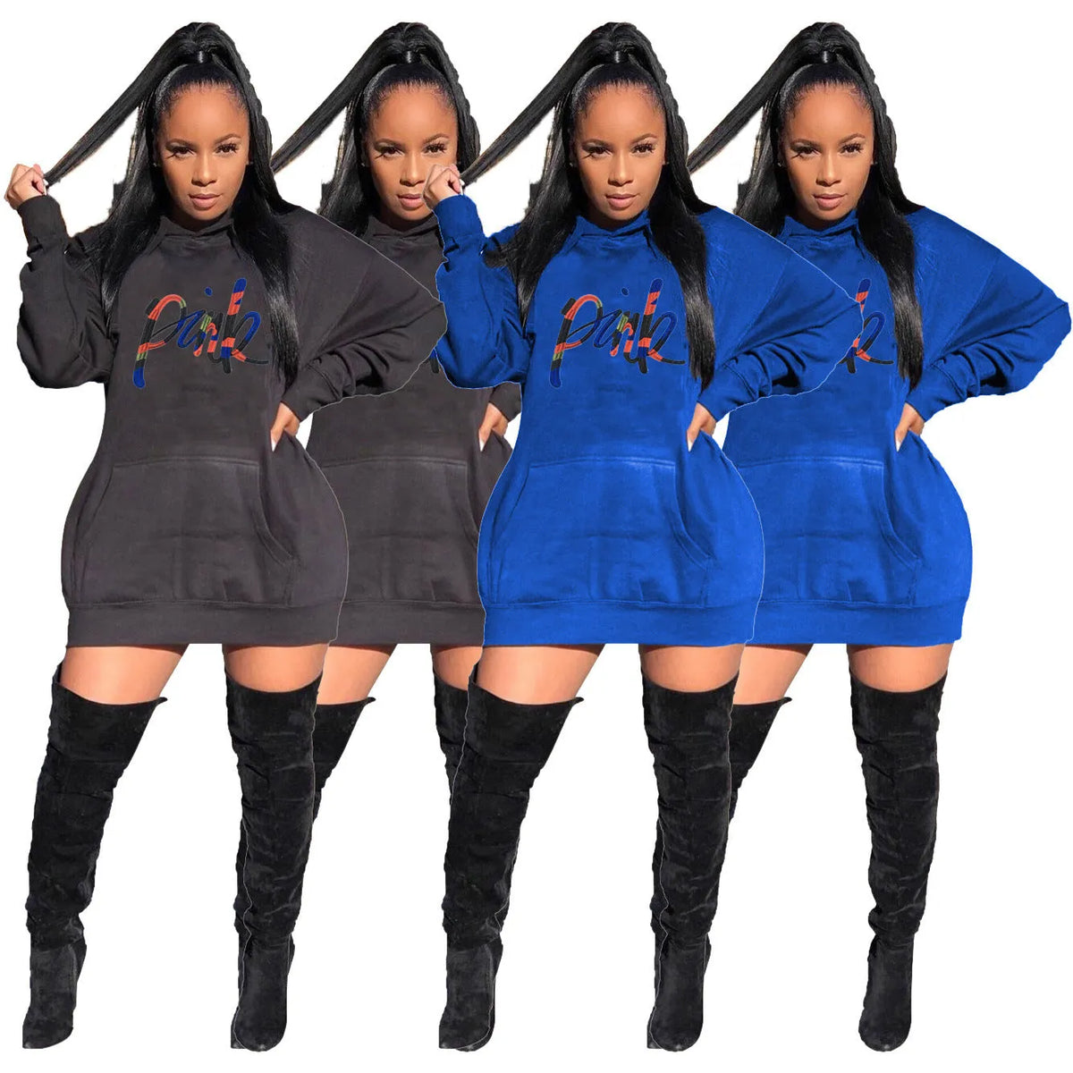 Casual solid colour embroidered letter bat sleeve hooded dress in blue against white background
