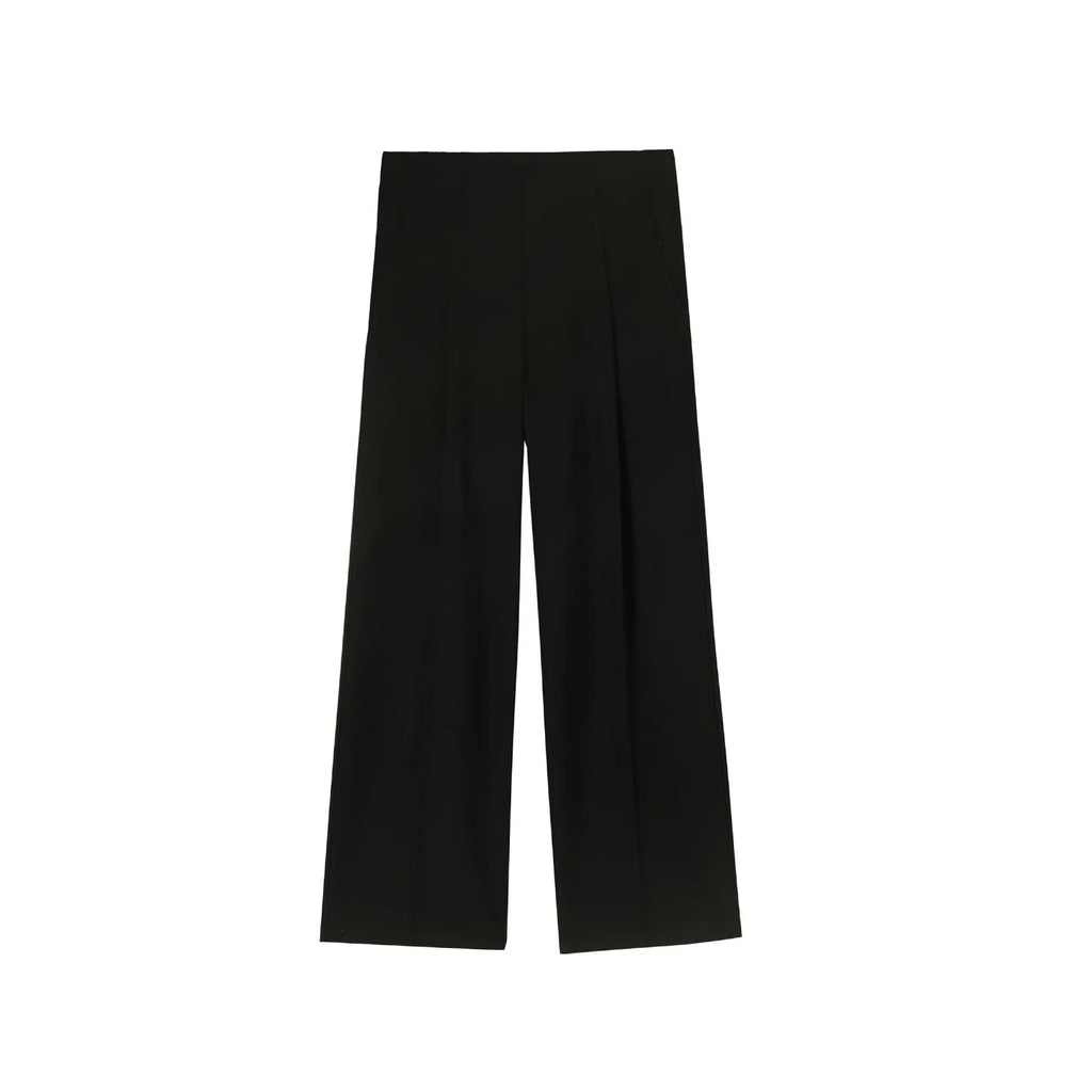 Men's straight mid-waist suit pants in black polyester blend, lying flat, showing straight leg cut and mid-rise waistband.