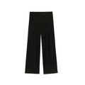 Men's straight mid-waist suit pants in black polyester blend, lying flat, showing straight leg cut and mid-rise waistband.