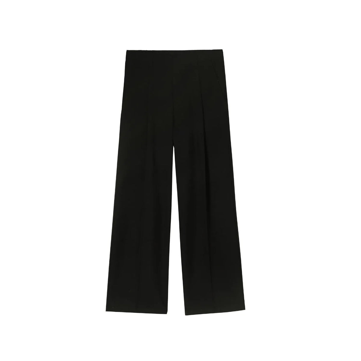 Men's straight mid-waist suit pants in black polyester blend, lying flat, showing straight leg cut and mid-rise waistband.