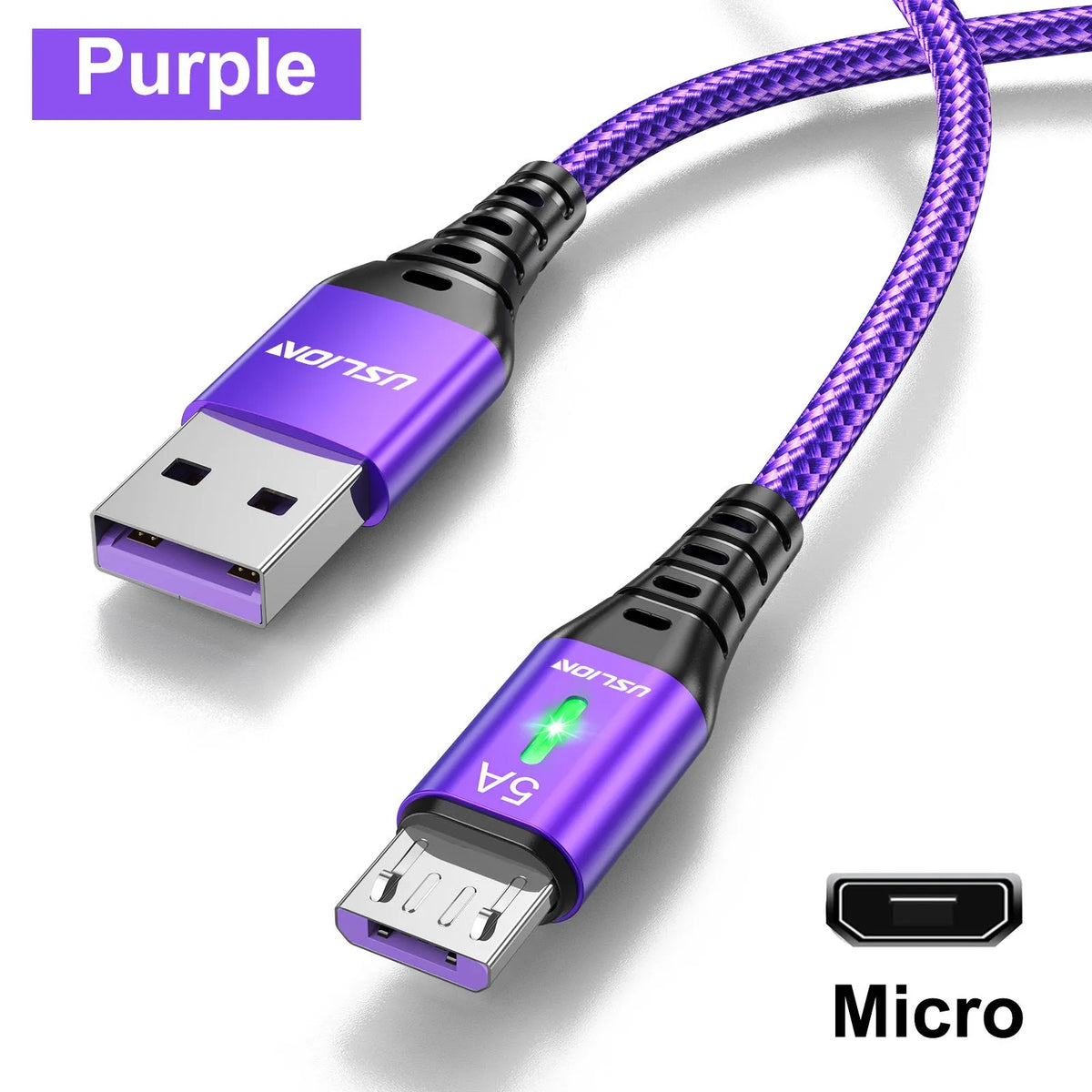 Braided data cable with green indicator light for Android Type-C devices in black blue purple red lengths 0.3m 1m 2m 3m