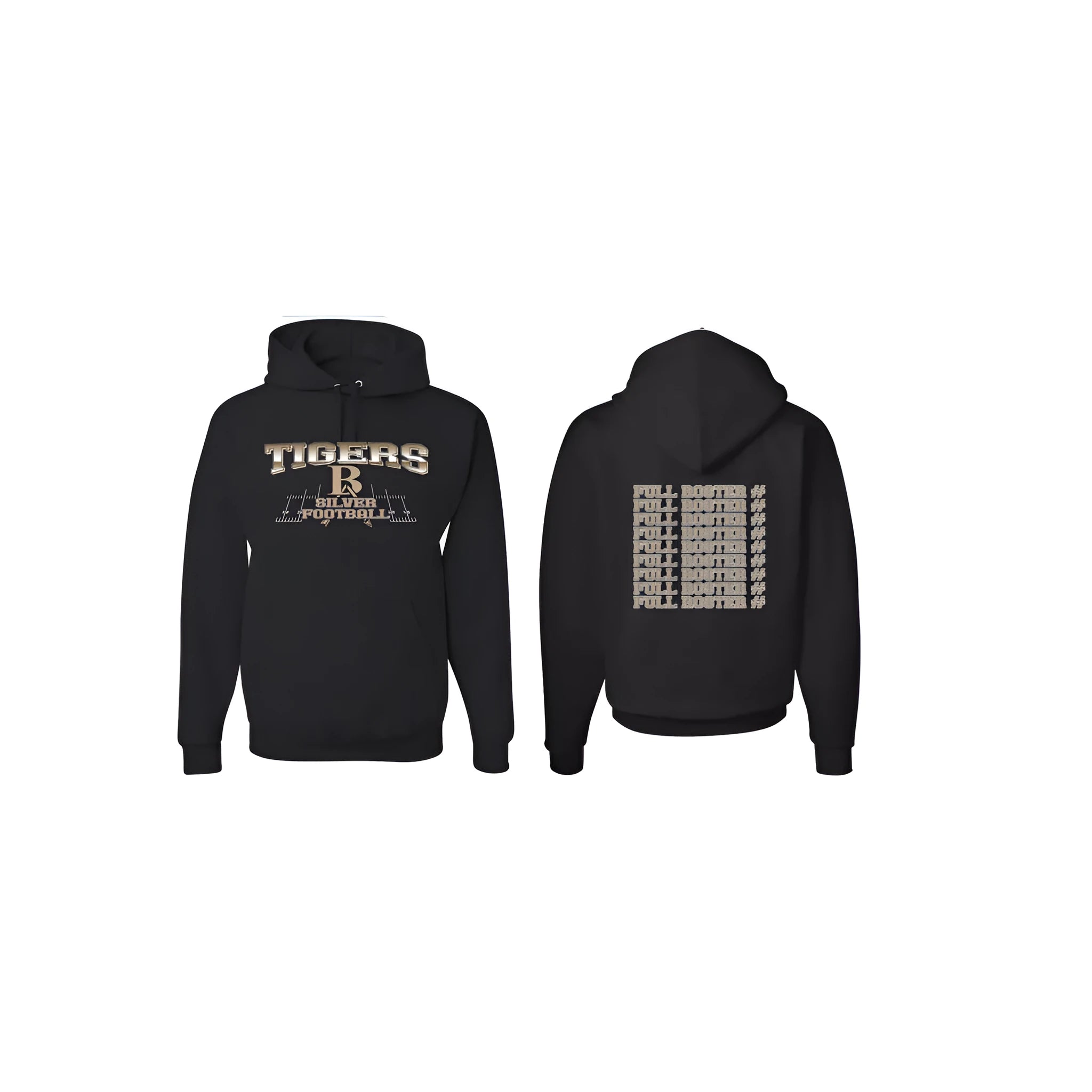 Black drop-shoulder sleeve pullover hoodie on a hanger, simple collarless design.