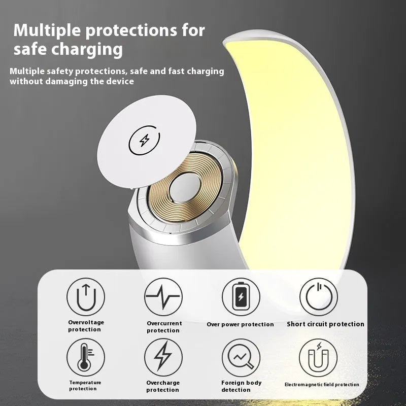 Four-in-one wireless magnetic charger desk lamp in white with phone, headphones and watch charging zones