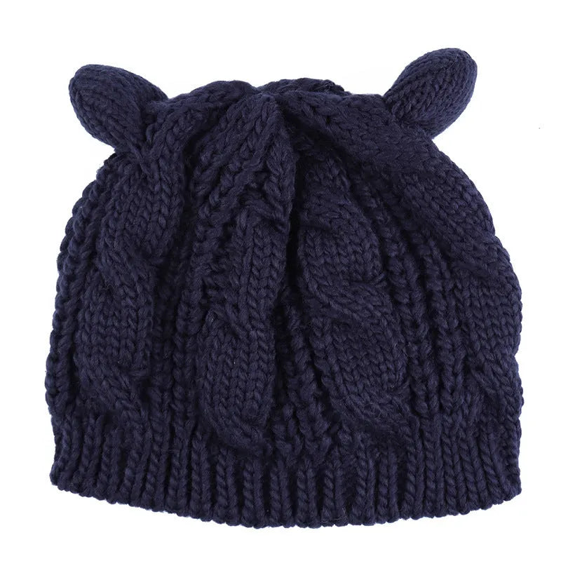 Handmade wool knitted beanie with 3D cat ears in multiple colour options