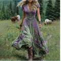 Women's loose creative pattern dress with deep V neckline and short sleeves in artistic retro style