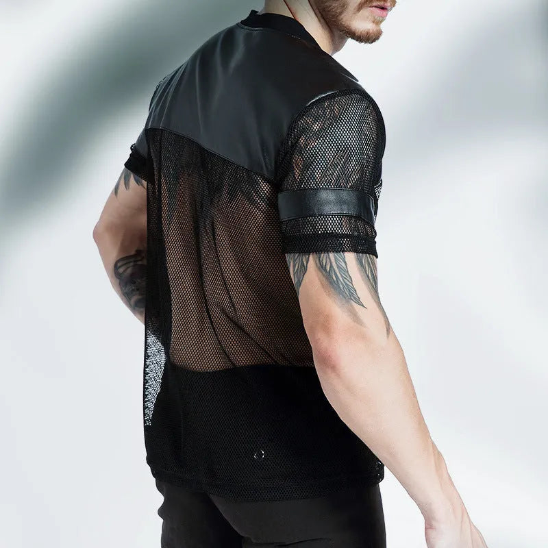 Black men's mesh sports T-shirt with V-neck and stitching collage detailing