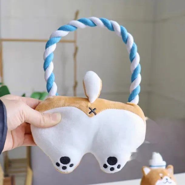 Bite-resistant plush dog toy with handle in a small Shiba Inu shape measuring 23cm