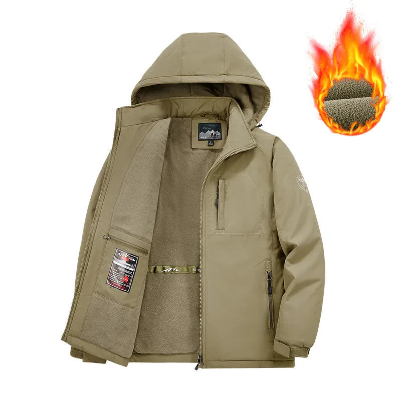 New men's detachable hooded thickened cotton jacket with fleece lining in army green, polyester construction, straight hem