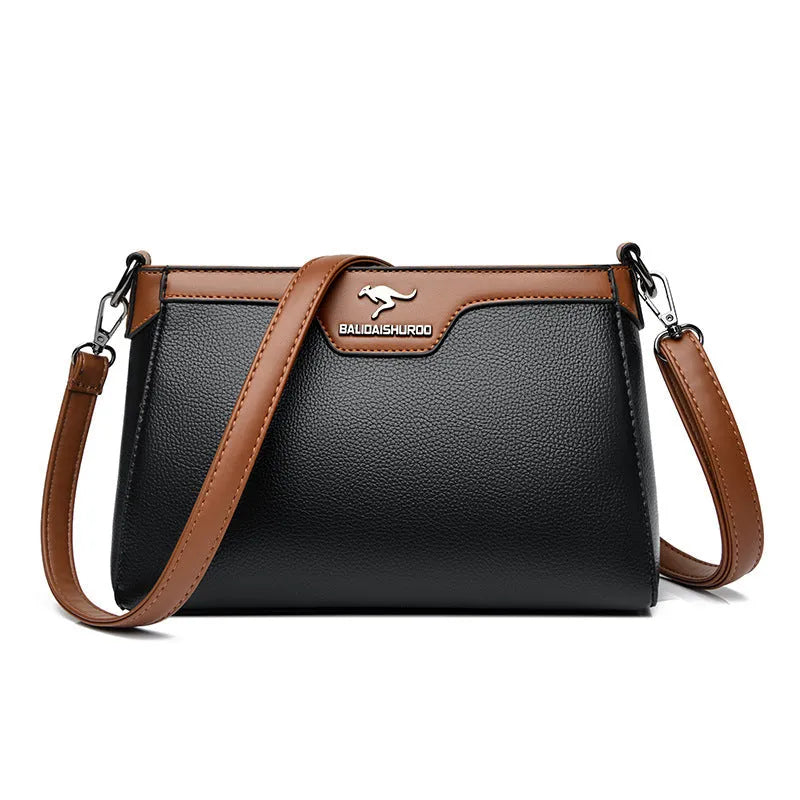 One shoulder soft PU small square stitching women's cross-body bag in black with contrast colour details and double strap