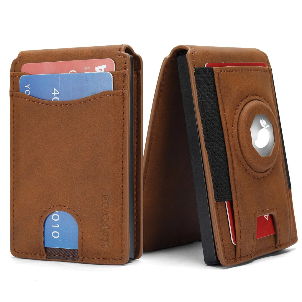 Men's synthetic leather card holder with RFID blocking in black, dark brown, and light brown colours showing card slots and front pocket