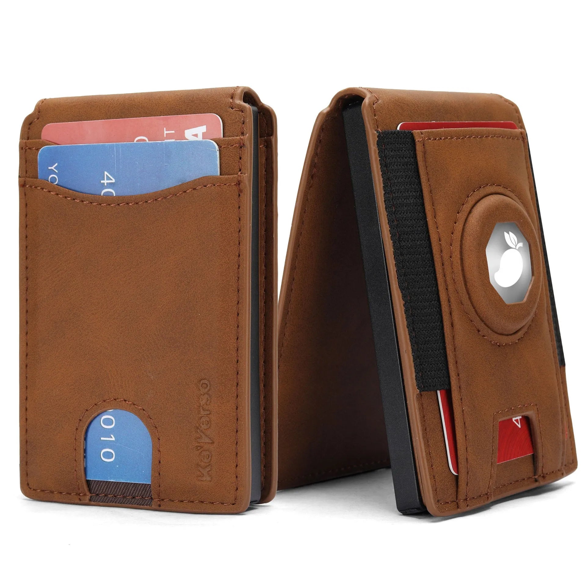 Men's synthetic leather card holder with RFID blocking in black, dark brown, and light brown colours showing card slots and front pocket